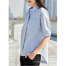 Light Blue Short Sleeve Round Neck Simple Ladies Shirt